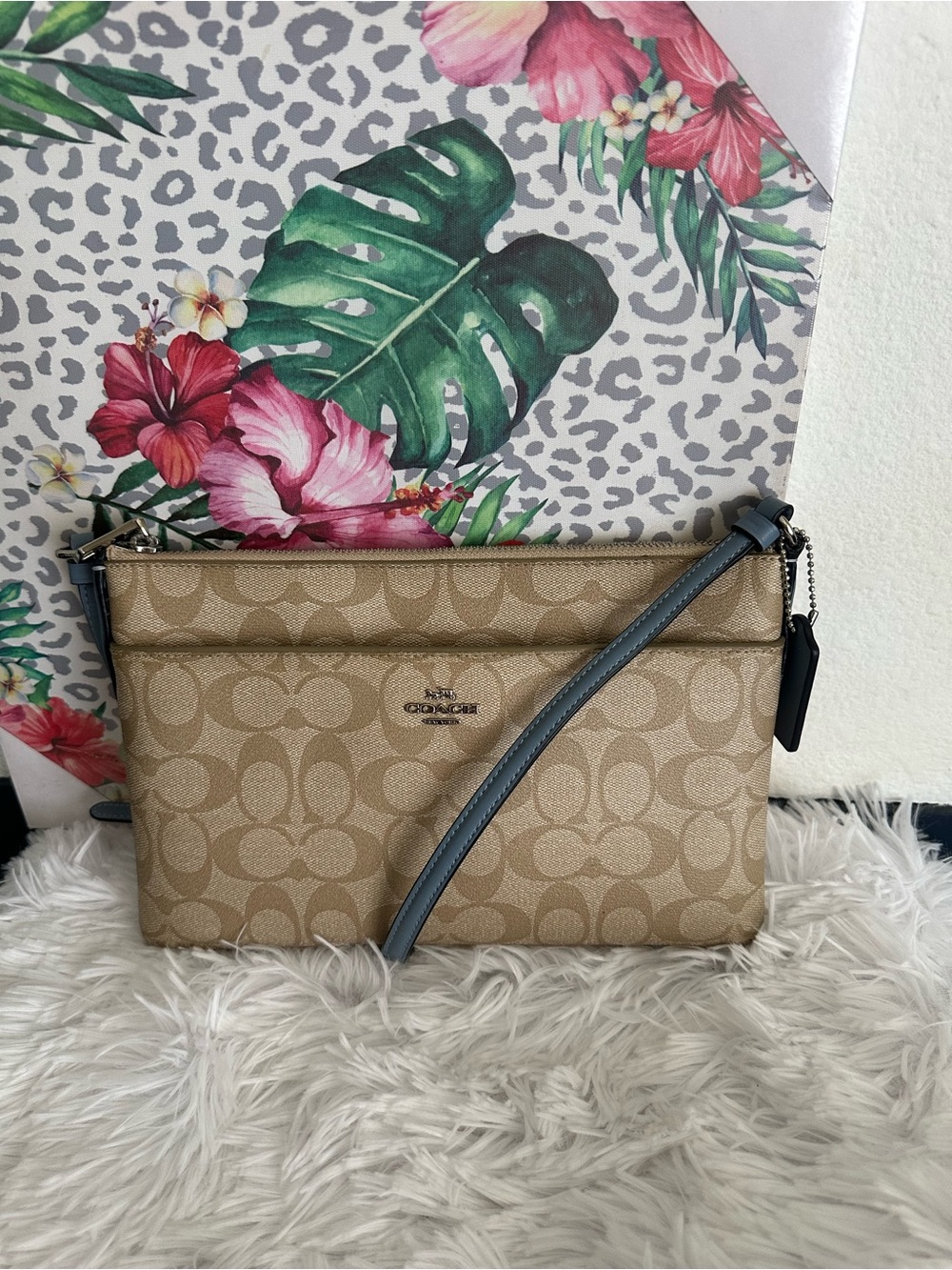 Coach Tan Signature Canvas Crossbody with Blue Strap